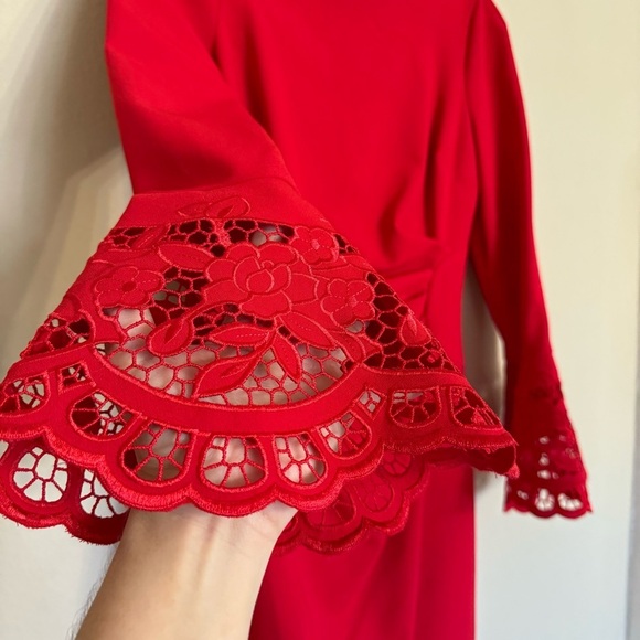 Teri Jon by Rickie Freeman Red Bell-Sleeve Crepe Sheath Dress Size 10 - Picture 6 of 16
